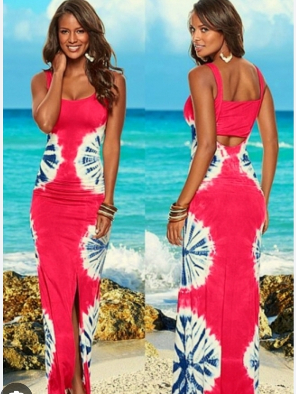 VENUS maxi Tank dress, red/white, and blue pattern, Scoop Neck, Backcut Out
